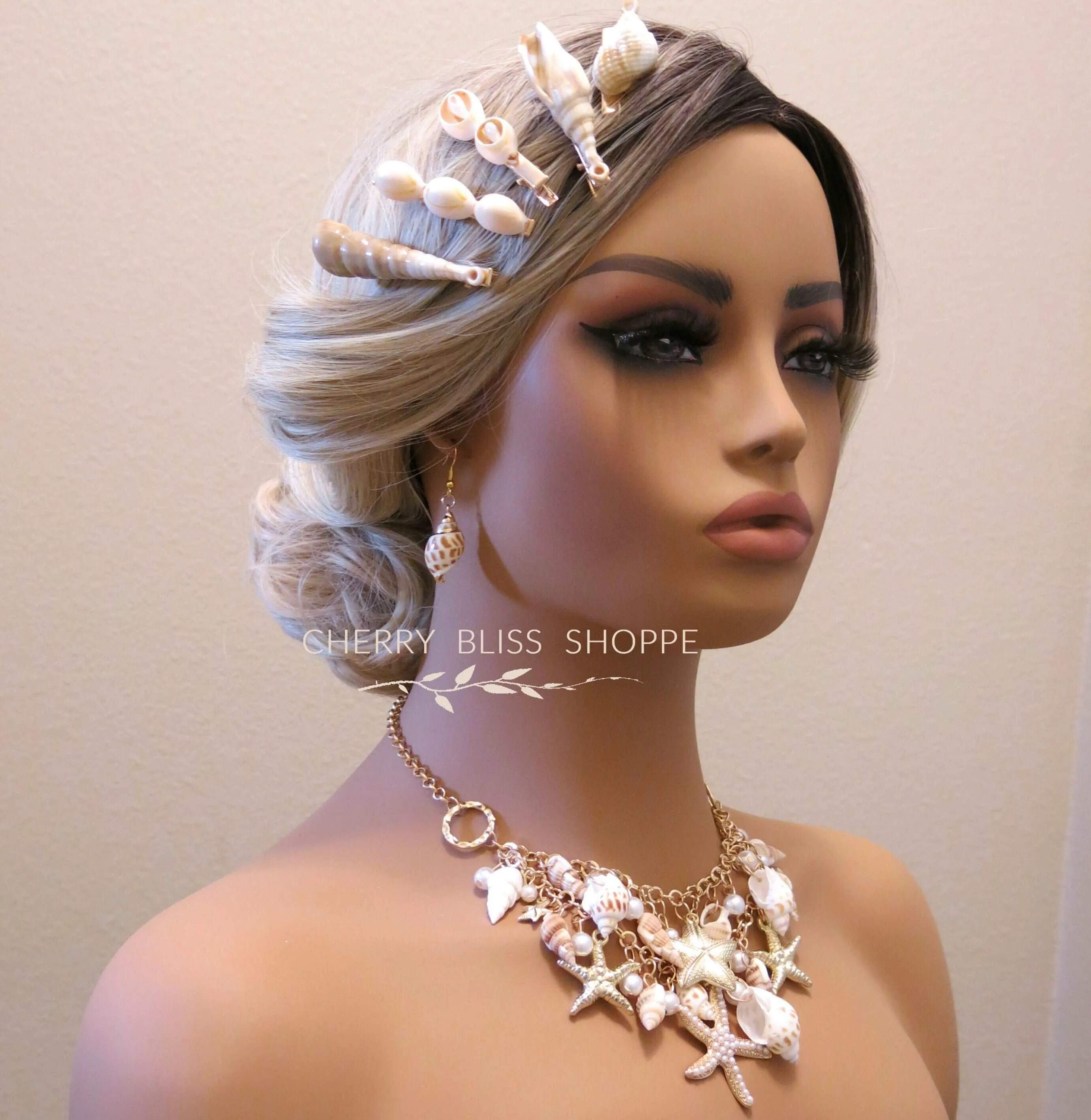 Natural Seashell Necklace and Bracelet, Beach Wedding Pearl and Starfish Bib Necklace, Charm Bracelet