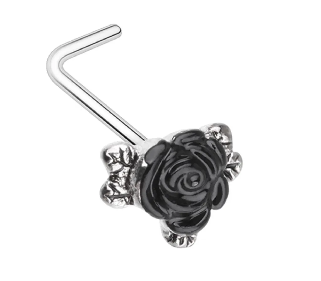 Nose Ring Gothic Black Rose L-Shape Stud 316L surgical steel