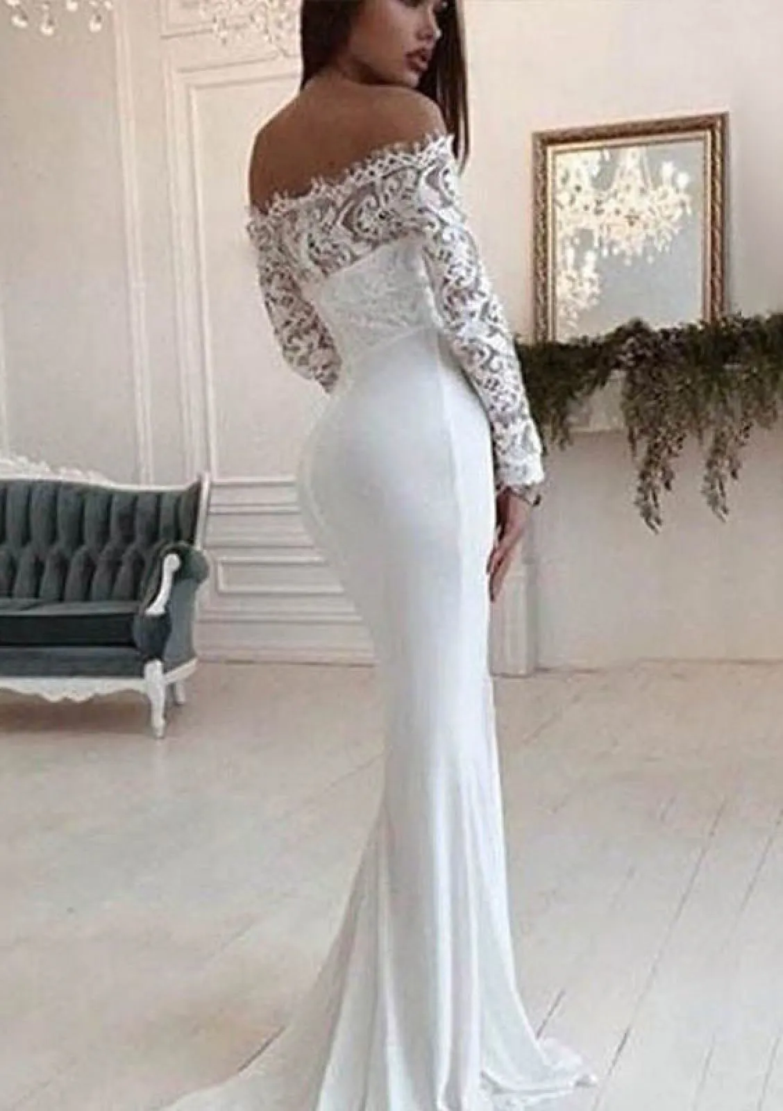 Off Shoulder Ivory Lace Chiffon Mermaid Bridal Gown Wedding Dress