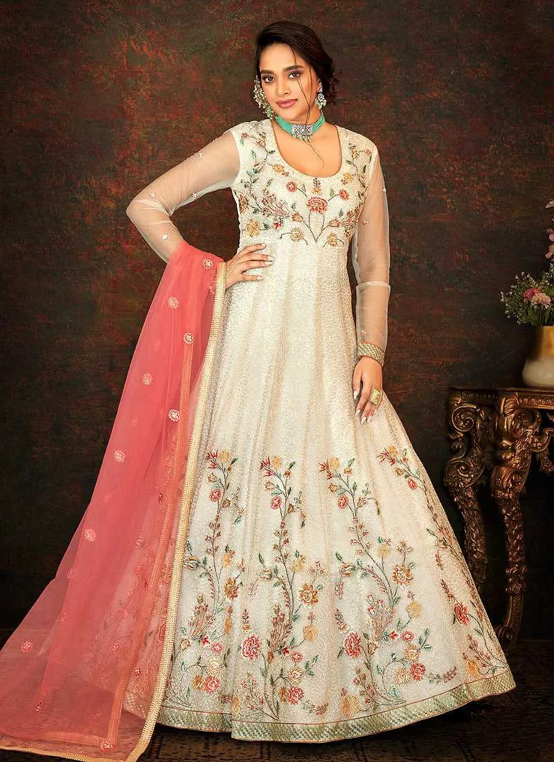 Off-White and Pink Floral Embroidered Kalidar Anarkali