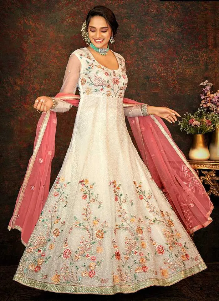 Off-White and Pink Floral Embroidered Kalidar Anarkali