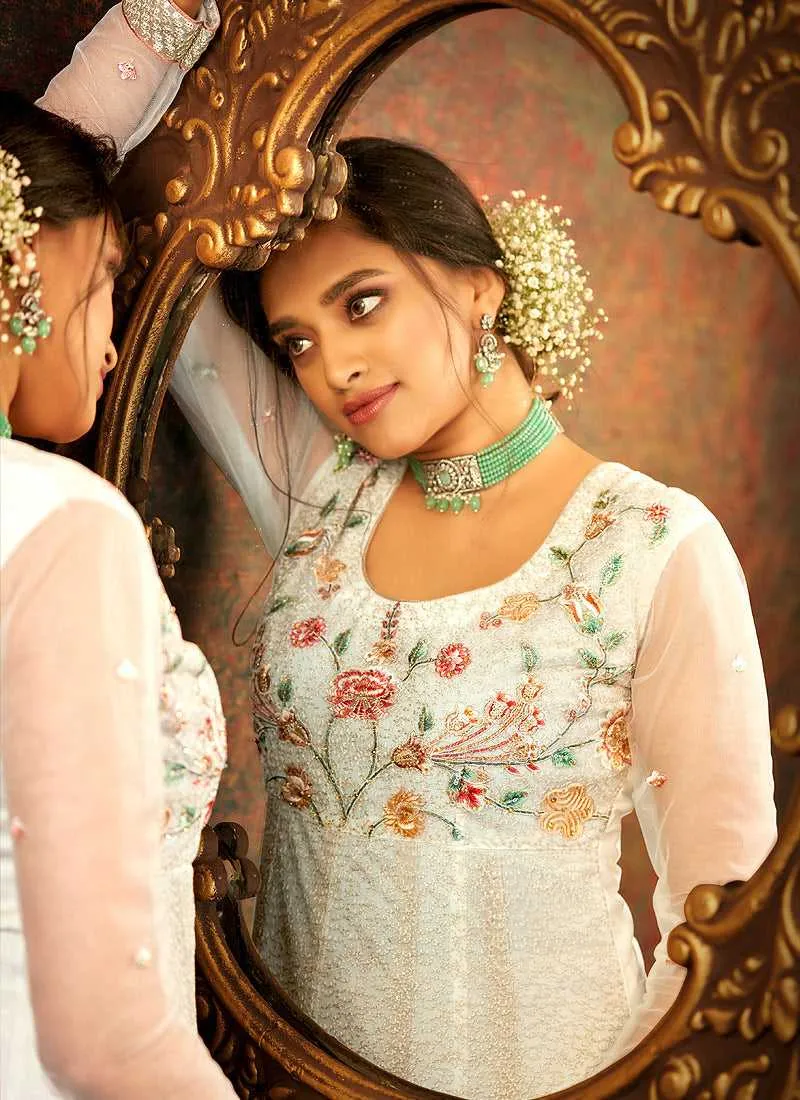 Off-White and Pink Floral Embroidered Kalidar Anarkali