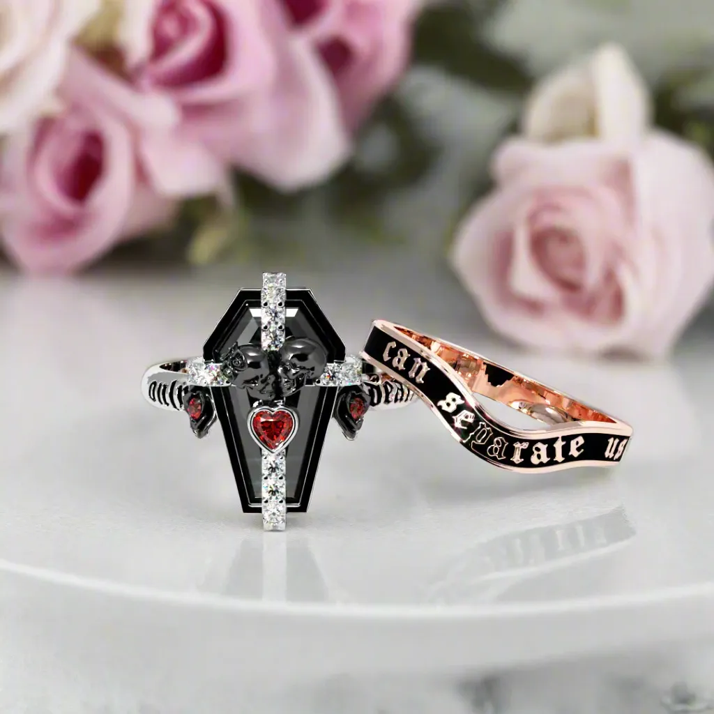 Only Death Can Separate Us Coffin Cut Diamond Wedding Rings
