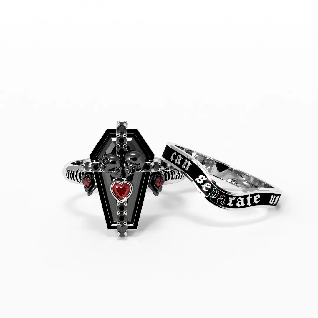 Only Death Can Separate Us Coffin Cut Diamond Wedding Rings