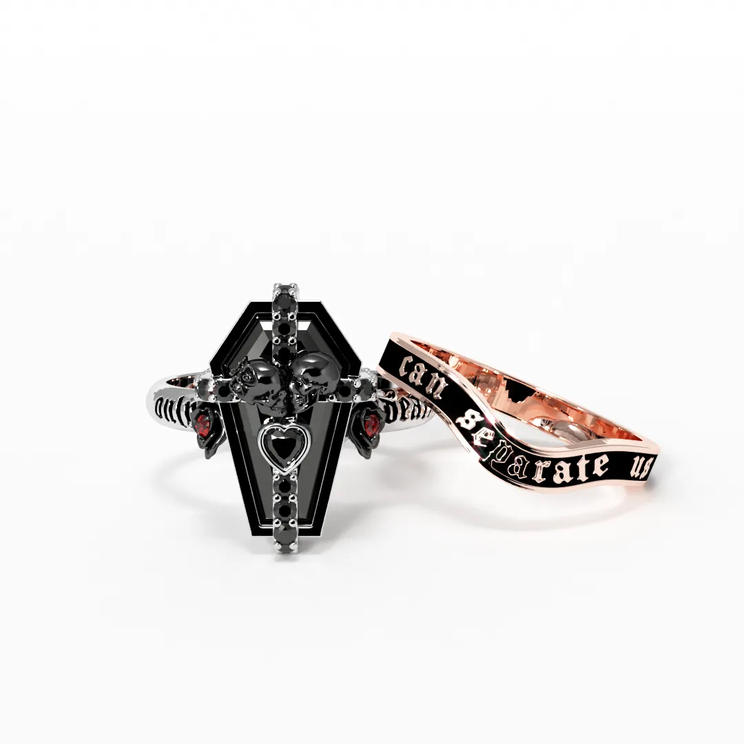 Only Death Can Separate Us Coffin Cut Diamond Wedding Rings