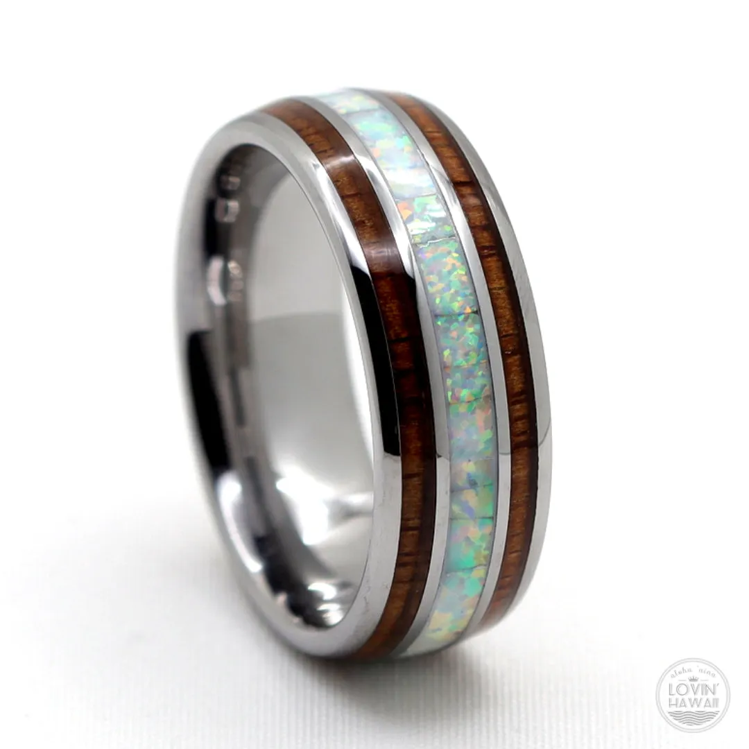 Opal Tungsten Rings With Authentic Light Blue Opal and Koa Wood Inlay (8mm width)