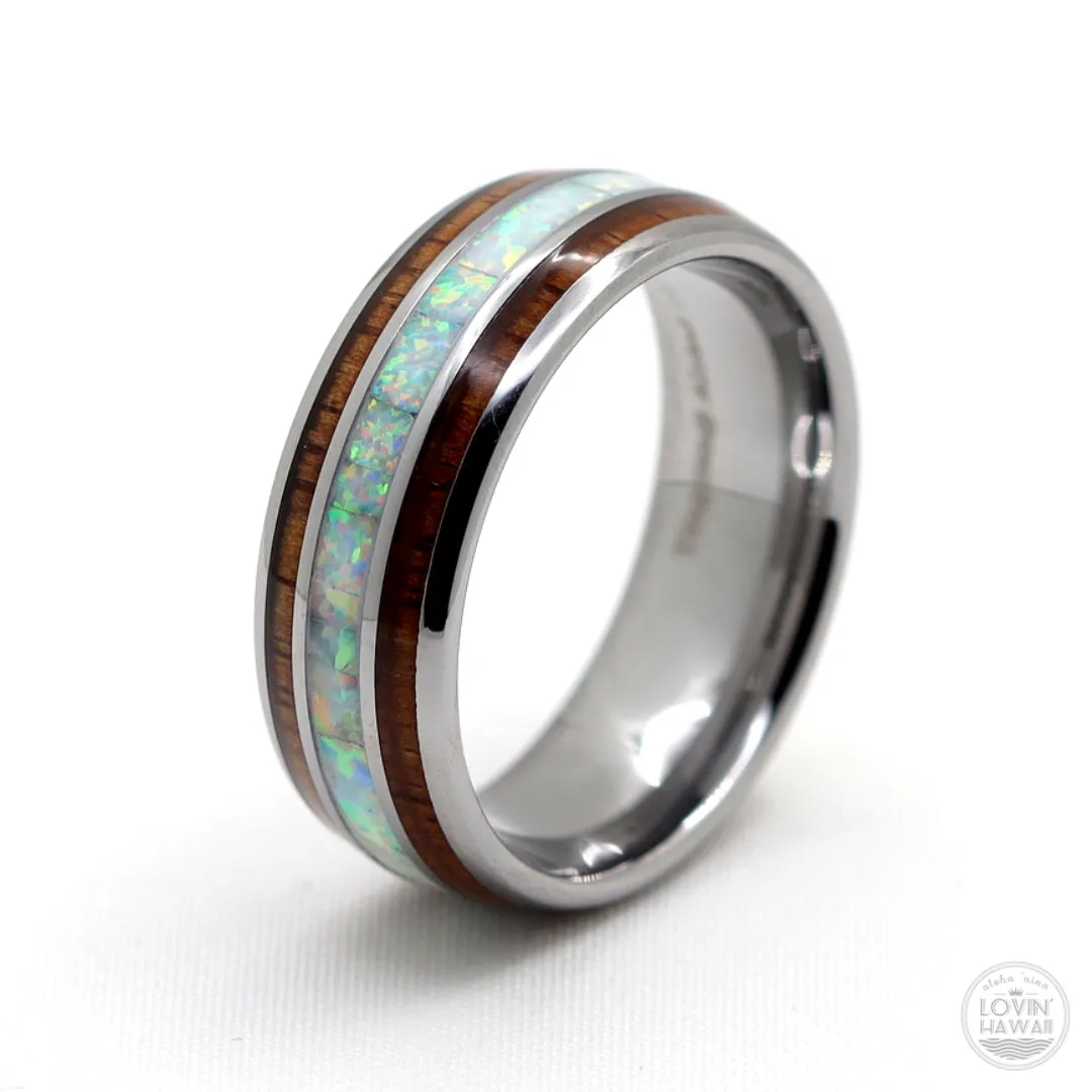 Opal Tungsten Rings With Authentic Light Blue Opal and Koa Wood Inlay (8mm width)