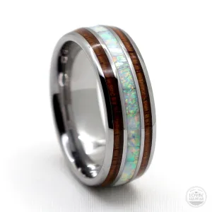 Opal Tungsten Rings With Authentic Light Blue Opal and Koa Wood Inlay (8mm width)