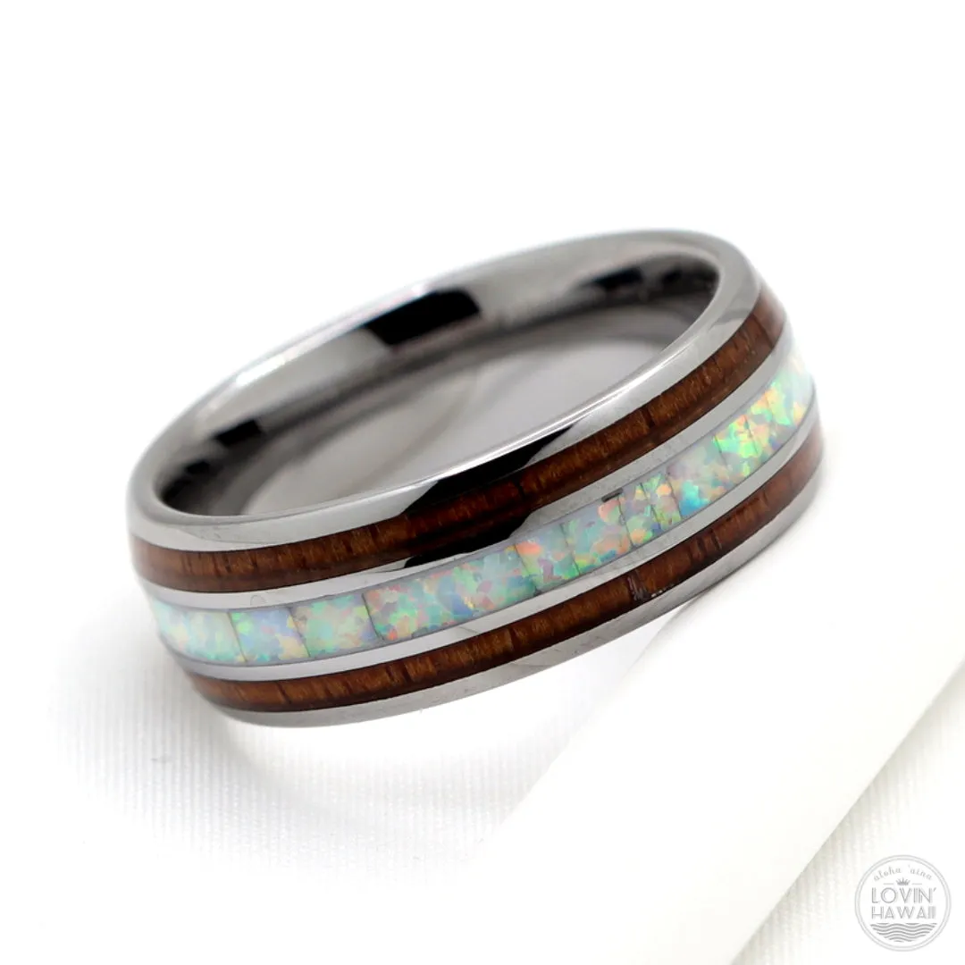 Opal Tungsten Rings With Authentic Light Blue Opal and Koa Wood Inlay (8mm width)