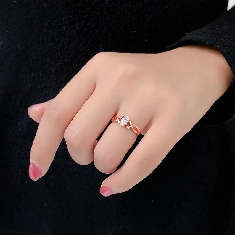 Oval Moissanite engagement ring/Rose gold unique dainty round diamond wedding ring/rings for women/ Celtic bridal anniversary gift, jewelry