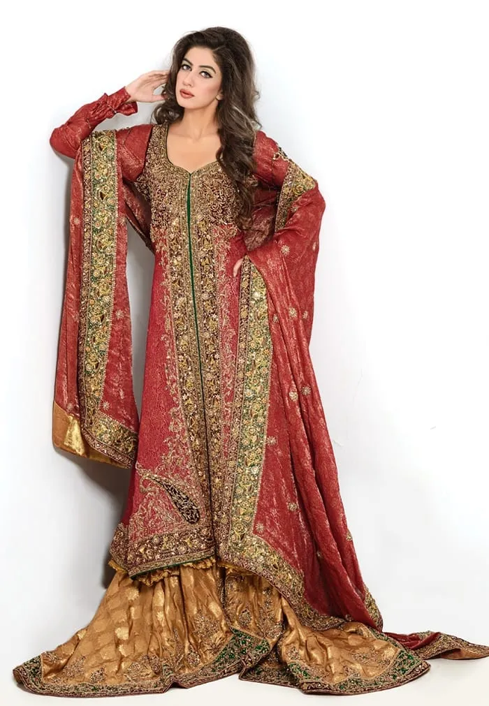 Pakistani Open Shirt Lehnga in Red Color #N7073