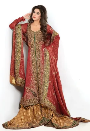 Pakistani Open Shirt Lehnga in Red Color #N7073