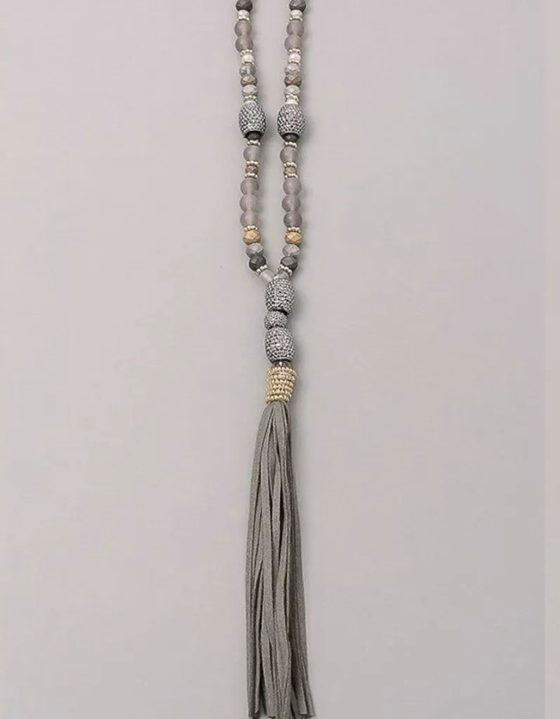 Paltrow Pave Beaded Fringe Tassel Necklace in Grey