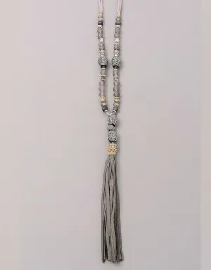 Paltrow Pave Beaded Fringe Tassel Necklace in Grey