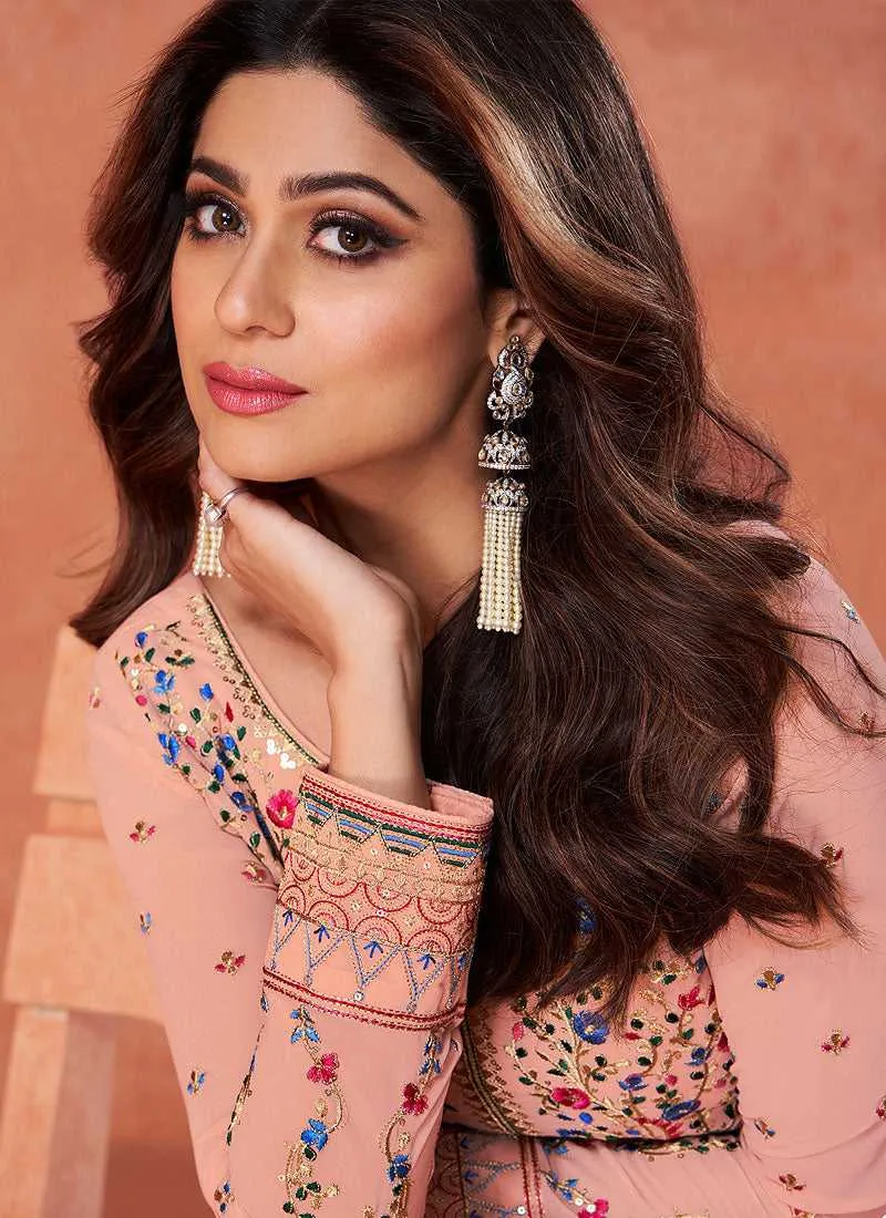 Peach Heavy Embroidered Kalidar Anarkali
