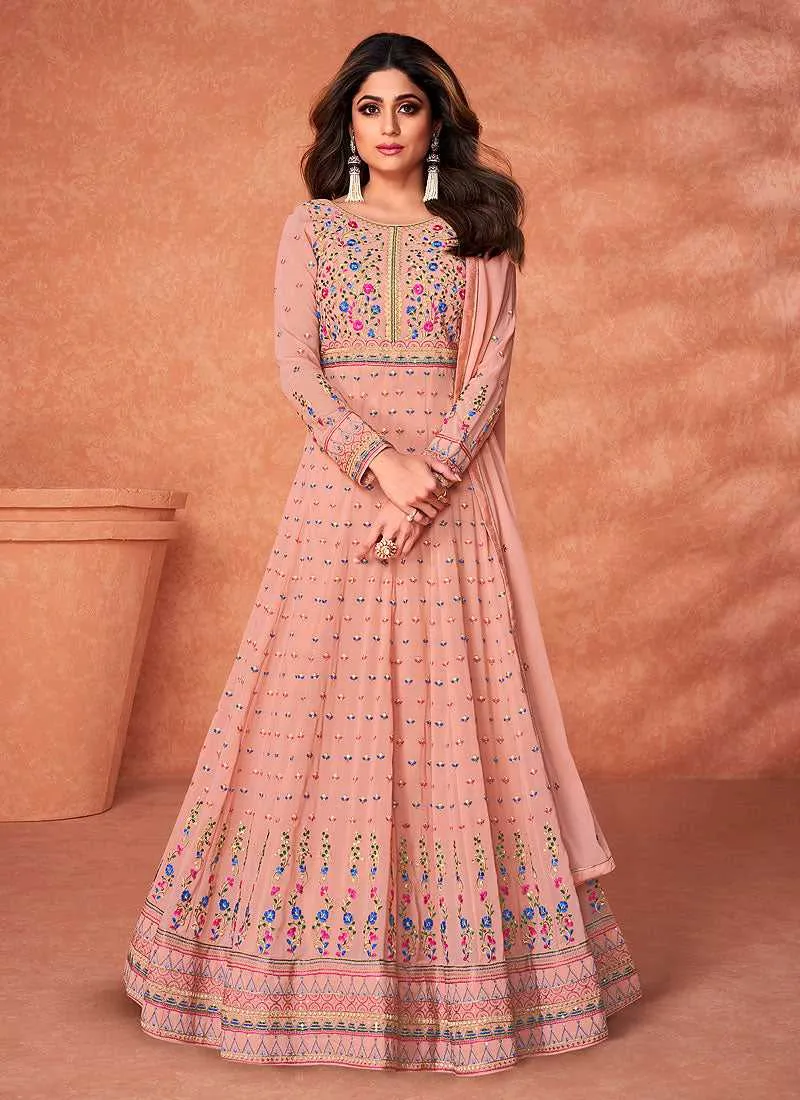 Peach Heavy Embroidered Kalidar Anarkali