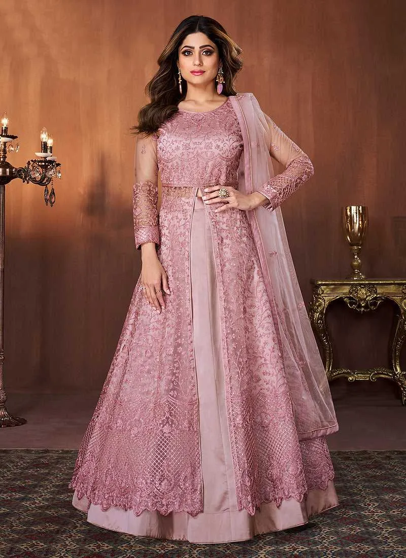 Pearl Pink Floral Embroidered Lehenga Style Anarkali