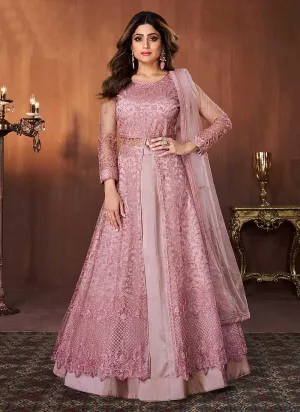Pearl Pink Floral Embroidered Lehenga Style Anarkali