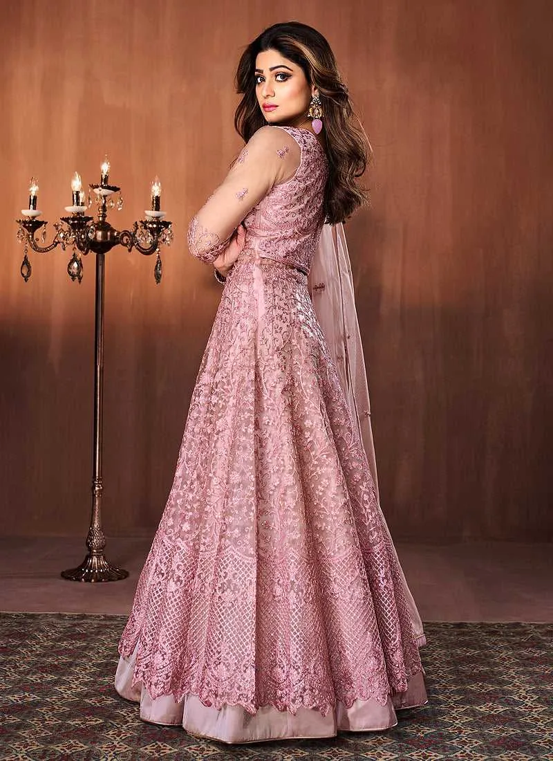 Pearl Pink Floral Embroidered Lehenga Style Anarkali