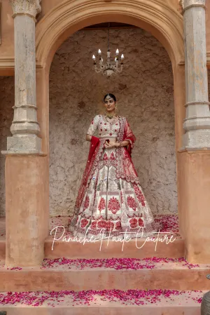 Pearled Ivory Lehenga with Maroon Tulle Dupatta Maham