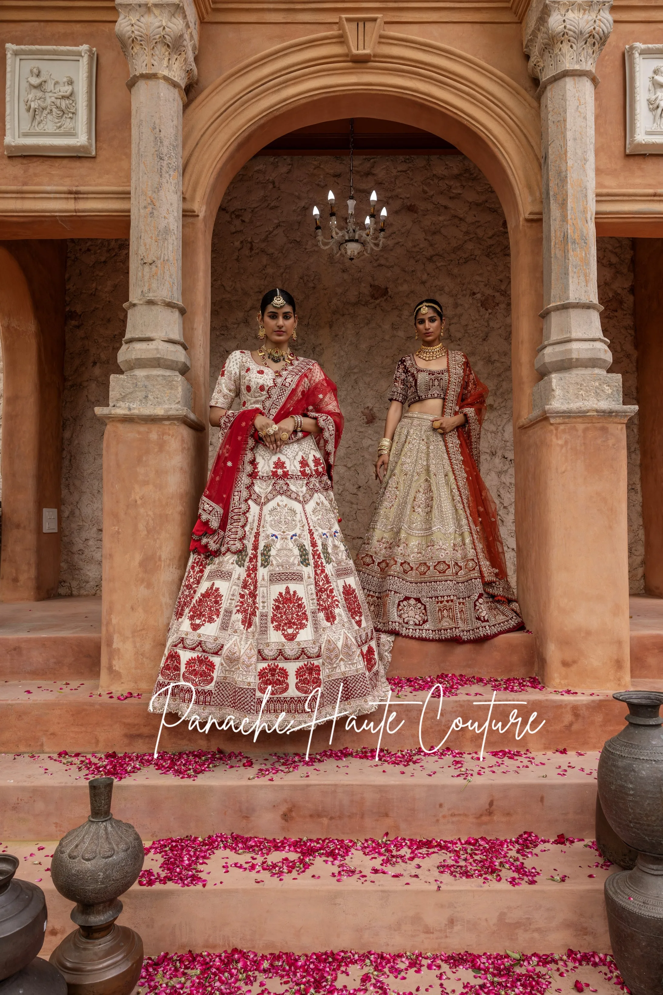 Pearled Ivory Lehenga with Maroon Tulle Dupatta Maham