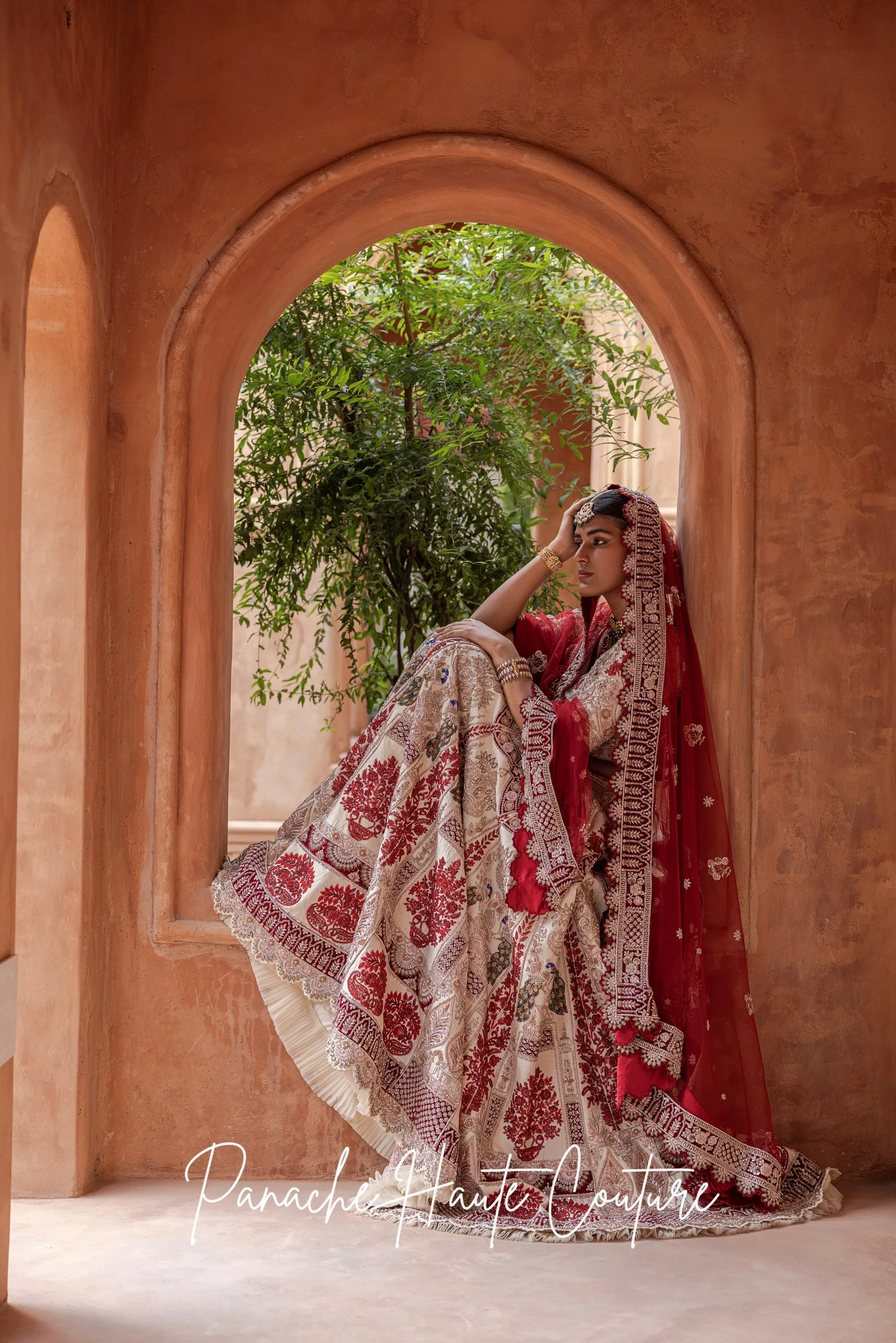 Pearled Ivory Lehenga with Maroon Tulle Dupatta Maham
