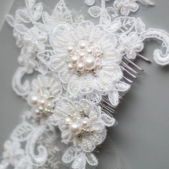 Pearls Embellished Lace Wedding Headpiece with Swarovski Pearls, Fascinator, Bridal, Bridesmaids