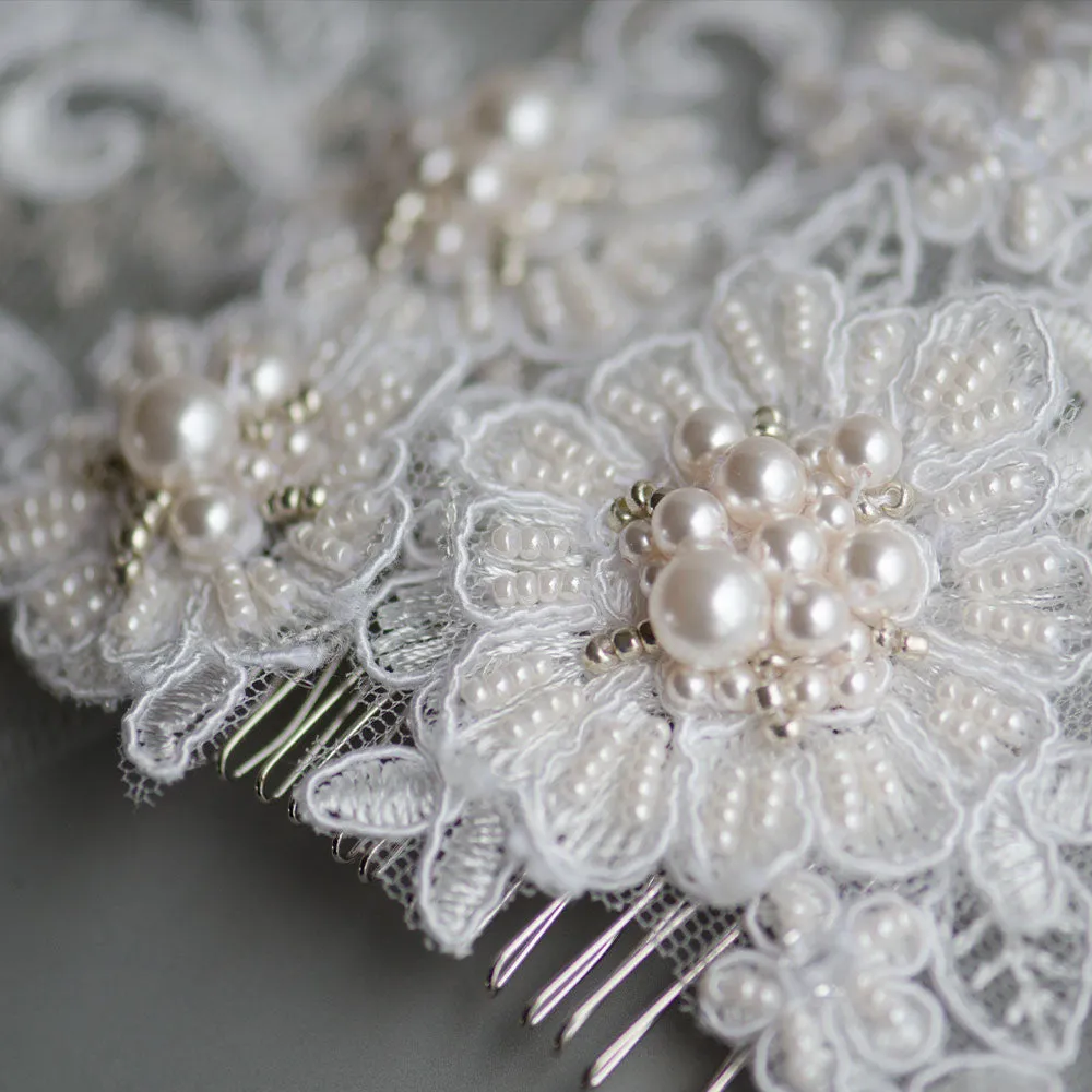 Pearls Embellished Lace Wedding Headpiece with Swarovski Pearls, Fascinator, Bridal, Bridesmaids