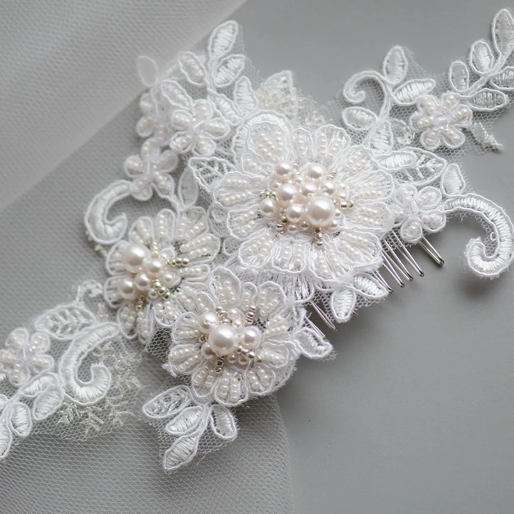 Pearls Embellished Lace Wedding Headpiece with Swarovski Pearls, Fascinator, Bridal, Bridesmaids