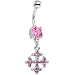 Pink Cubic Zirconia Cathedral Cross Dangle Belly Ring