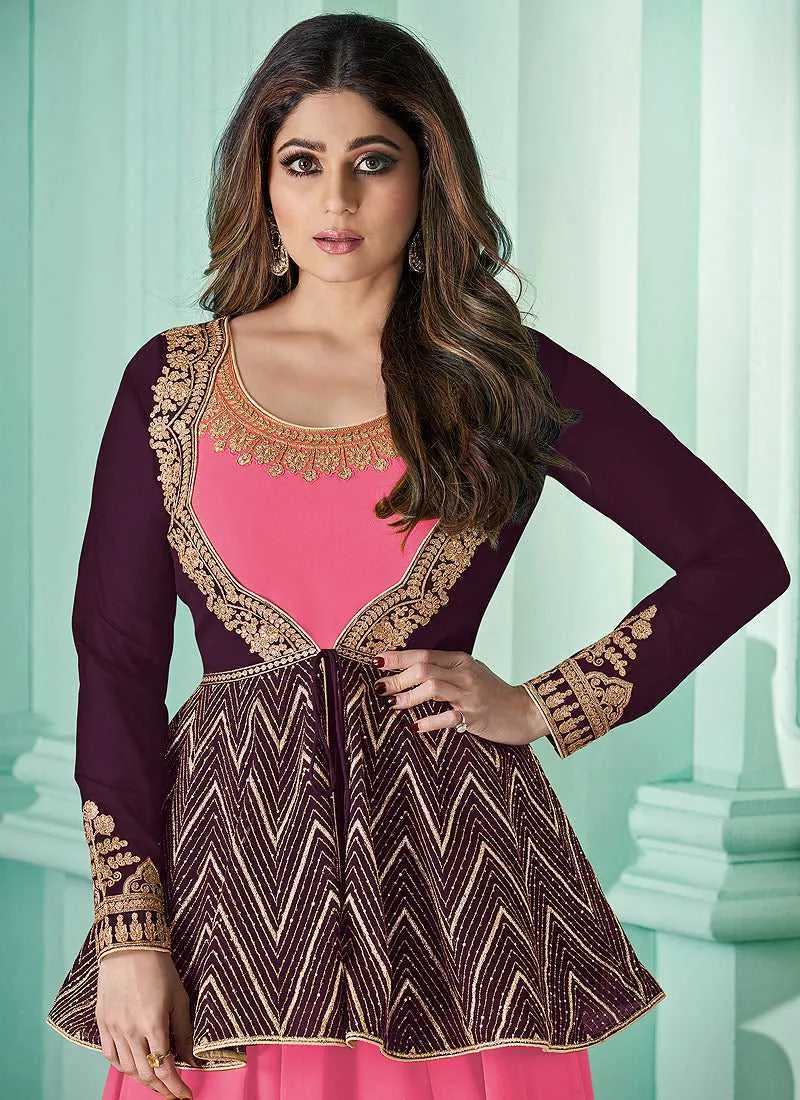 Pink Heavy Embroidered Purple Color Jacket Style Suit
