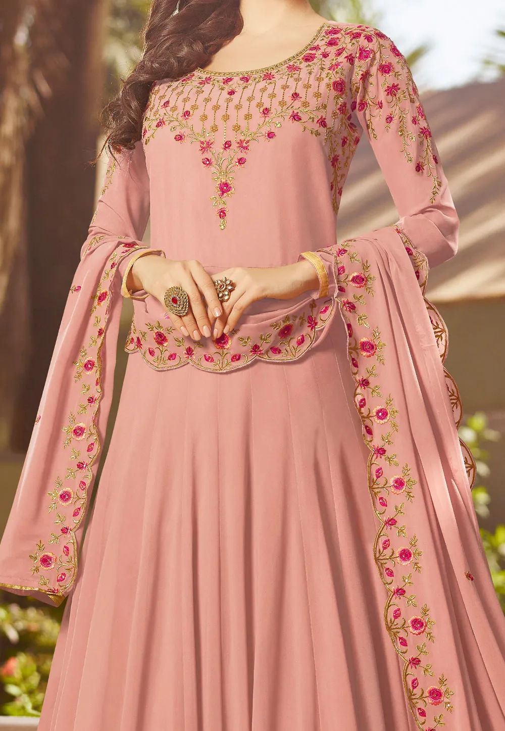 Pink With Multi Embroidered Georgette Anarkali Suit