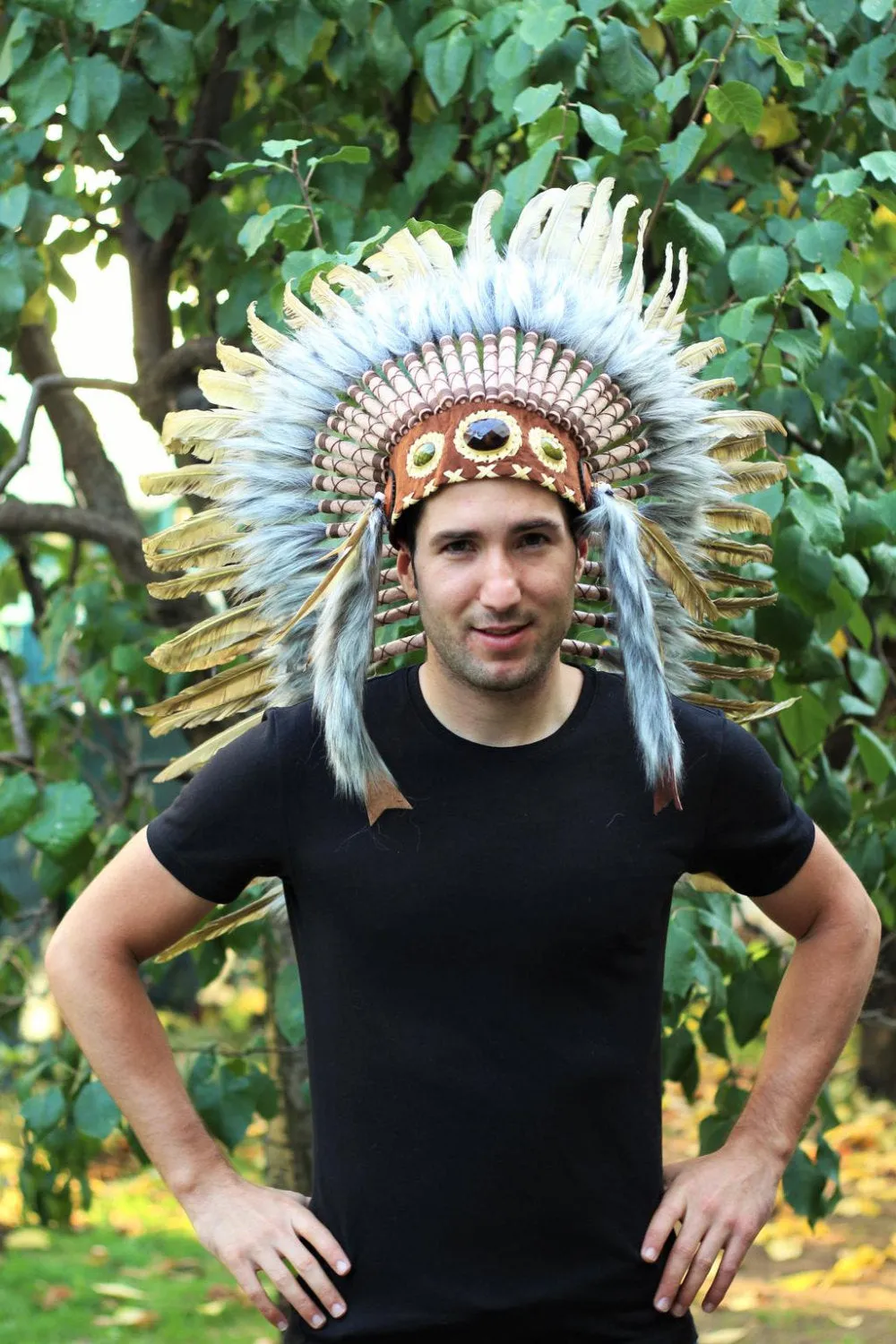 PRICE REDUCED Y30 Medium Olive- Brown Headdress, native american Style warbonnet