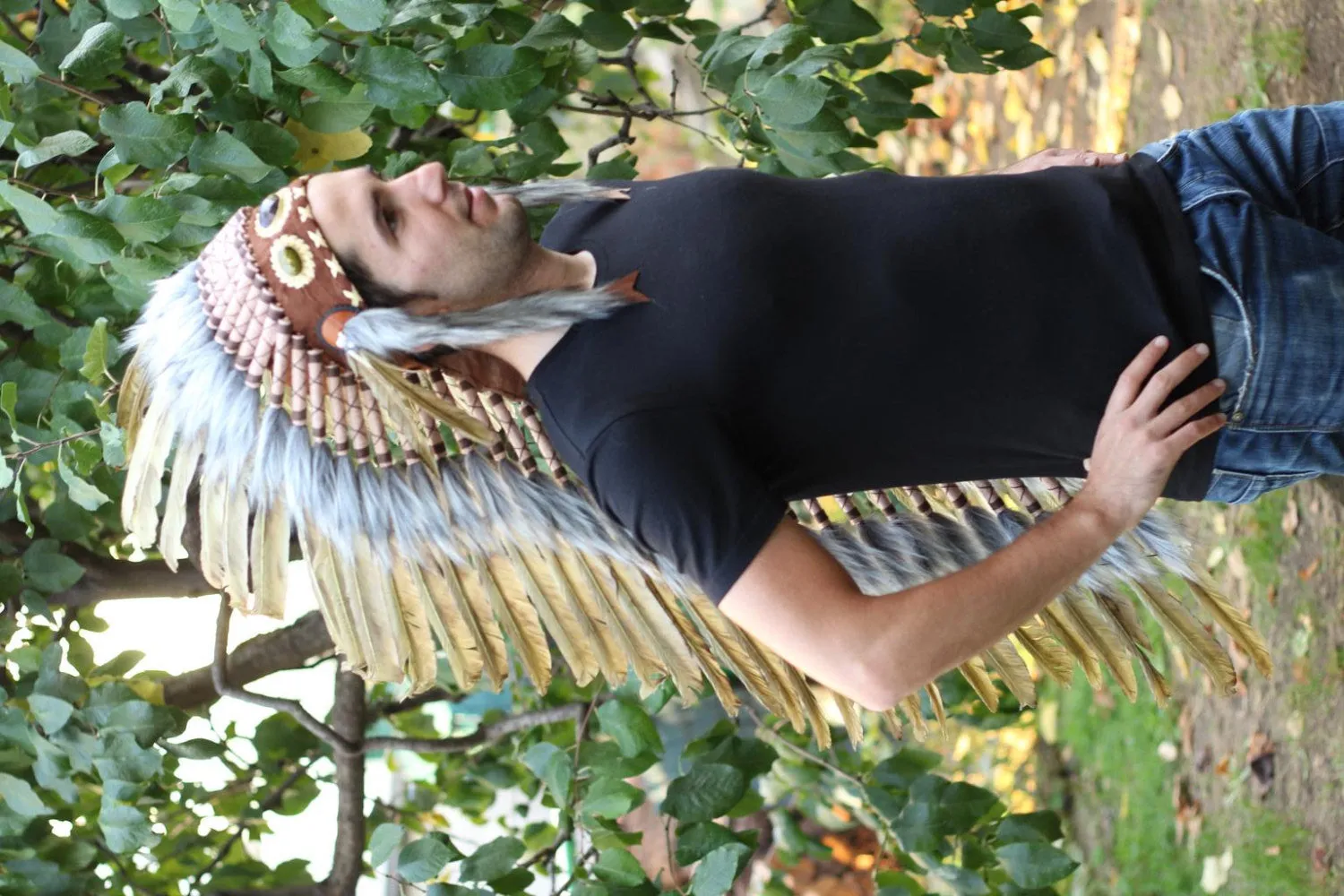 PRICE REDUCED Z26 Indian  Olive GreenExtra Large  Feather Headdress  (43 inch long )
