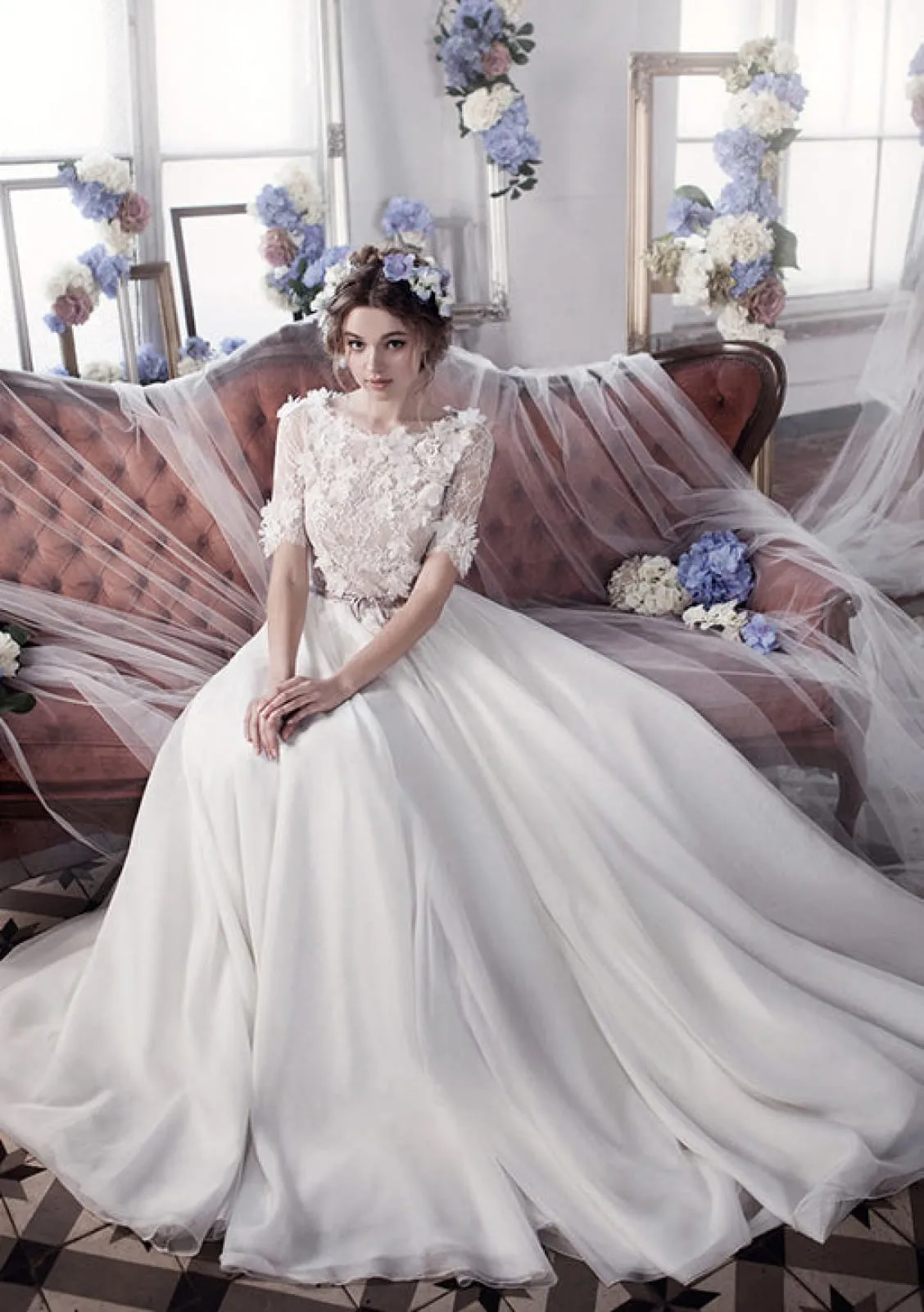 Princess Bateau Lace Chiffon 3D Flowers Bridal Gown Wedding Dress