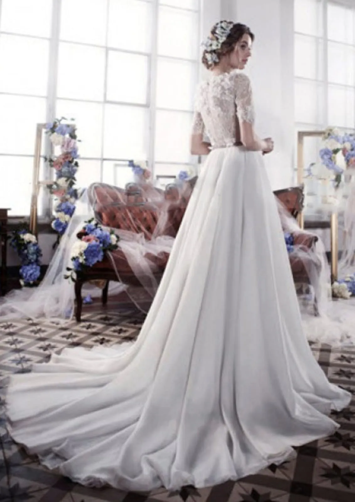 Princess Bateau Lace Chiffon 3D Flowers Bridal Gown Wedding Dress