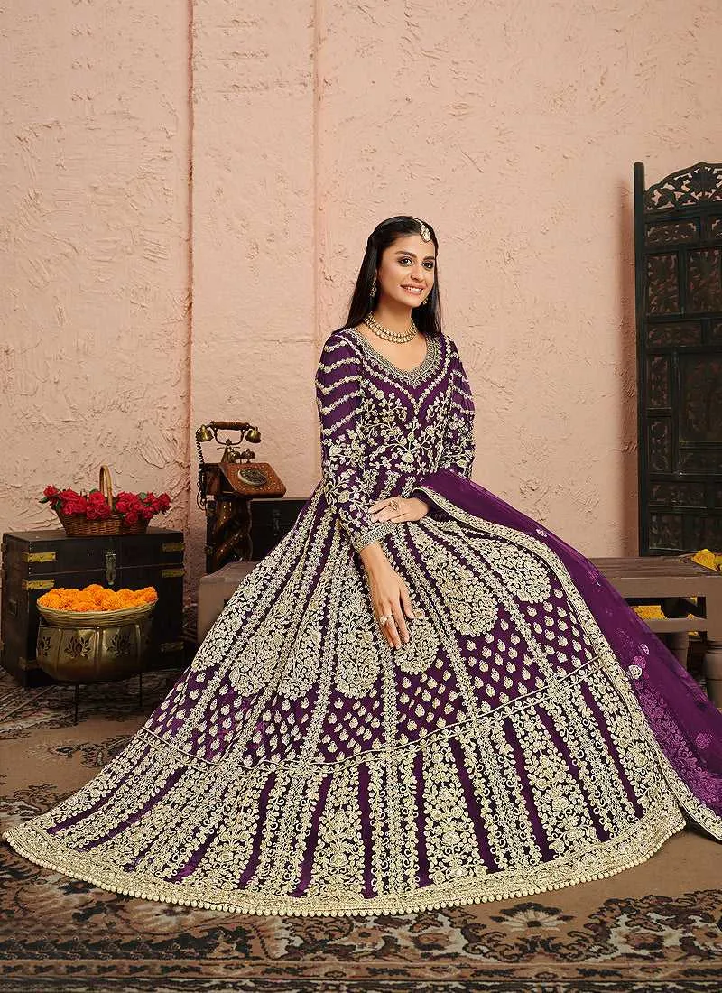 Purple and Gold Heavy Embroidered Kalidar Anarkali Suit