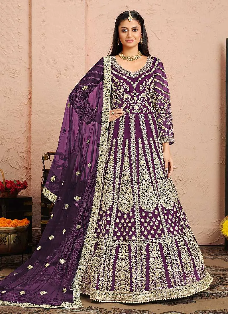 Purple and Gold Heavy Embroidered Kalidar Anarkali Suit