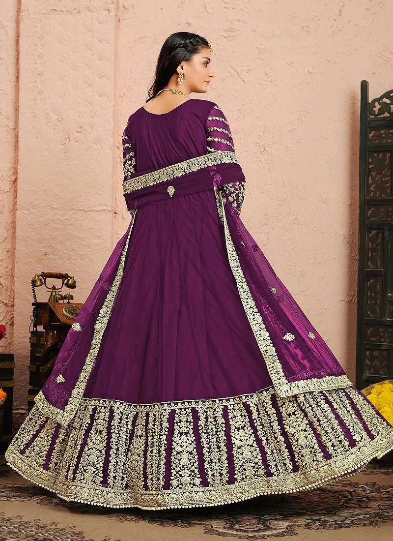 Purple and Gold Heavy Embroidered Kalidar Anarkali Suit
