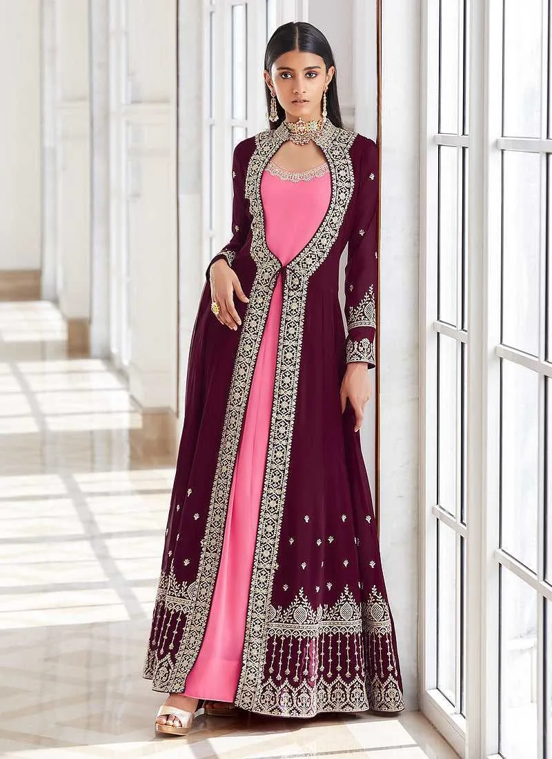 Purple and Pink Heavy Embroidered Jacket Style Suit
