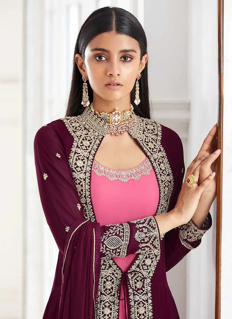 Purple and Pink Heavy Embroidered Jacket Style Suit