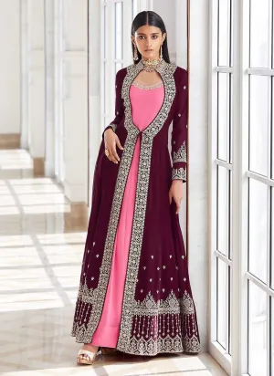 Purple and Pink Heavy Embroidered Jacket Style Suit