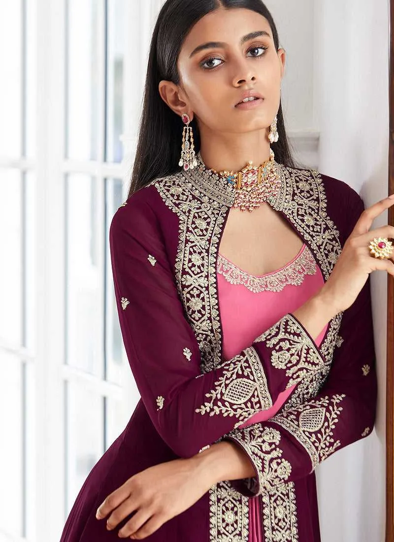 Purple and Pink Heavy Embroidered Jacket Style Suit