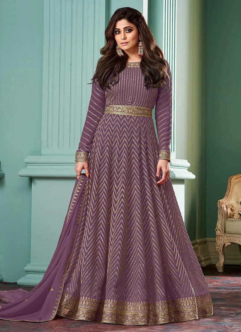 Purple Embroidered Floor touch Anarkali