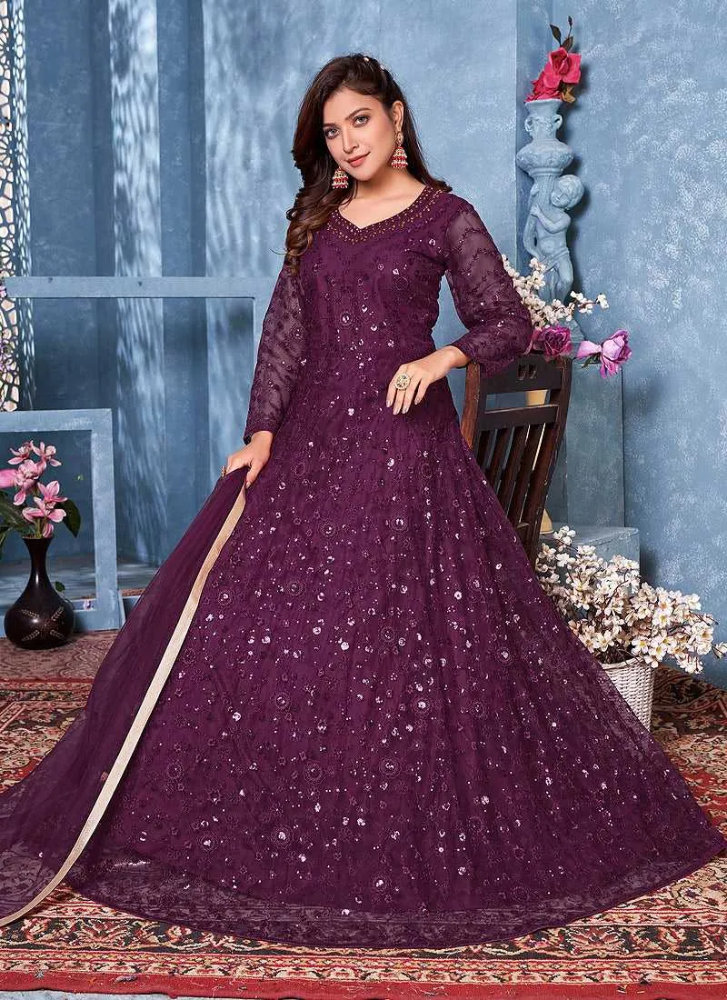 Purple Floral Heavy Embroidered Gown Style Anarkali