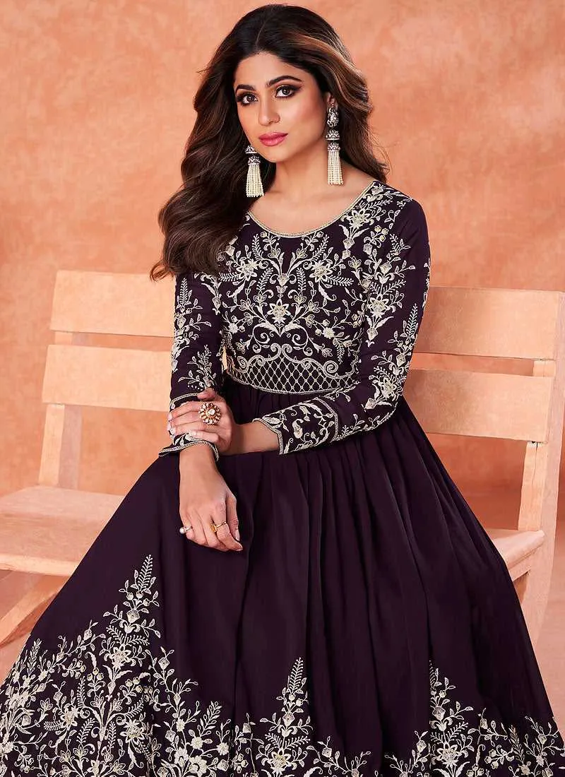 Purple Heavy Embroidered Kalidar Anarkali