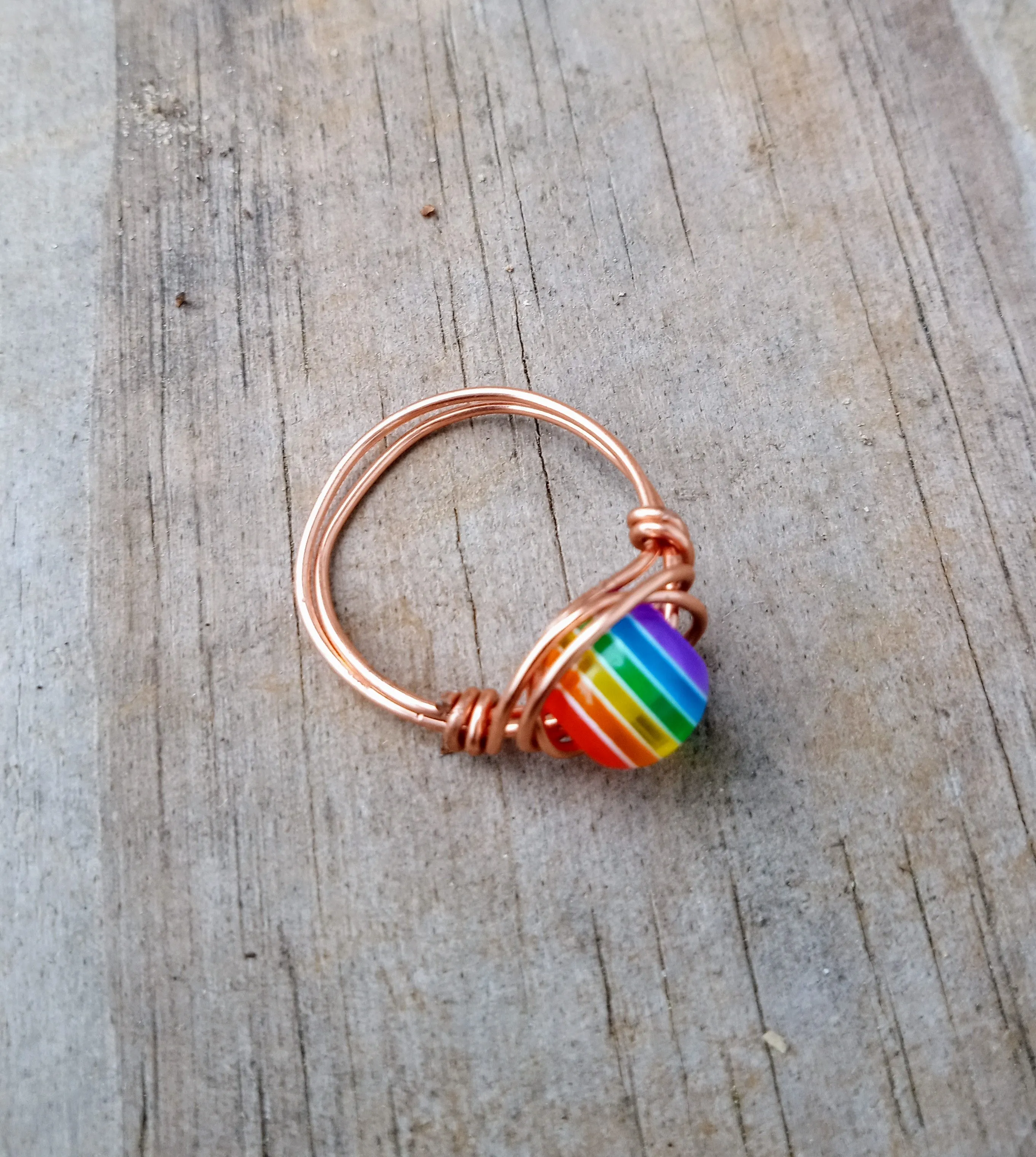 Rainbow Round Bead Wire Wrapped Rings