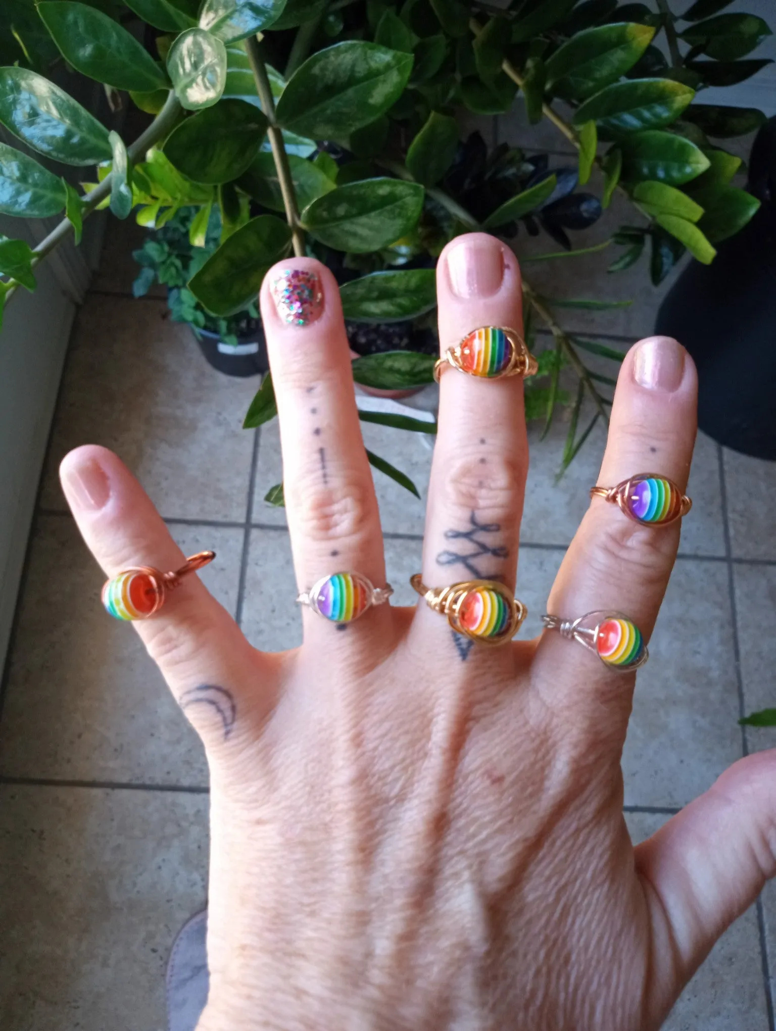 Rainbow Round Bead Wire Wrapped Rings