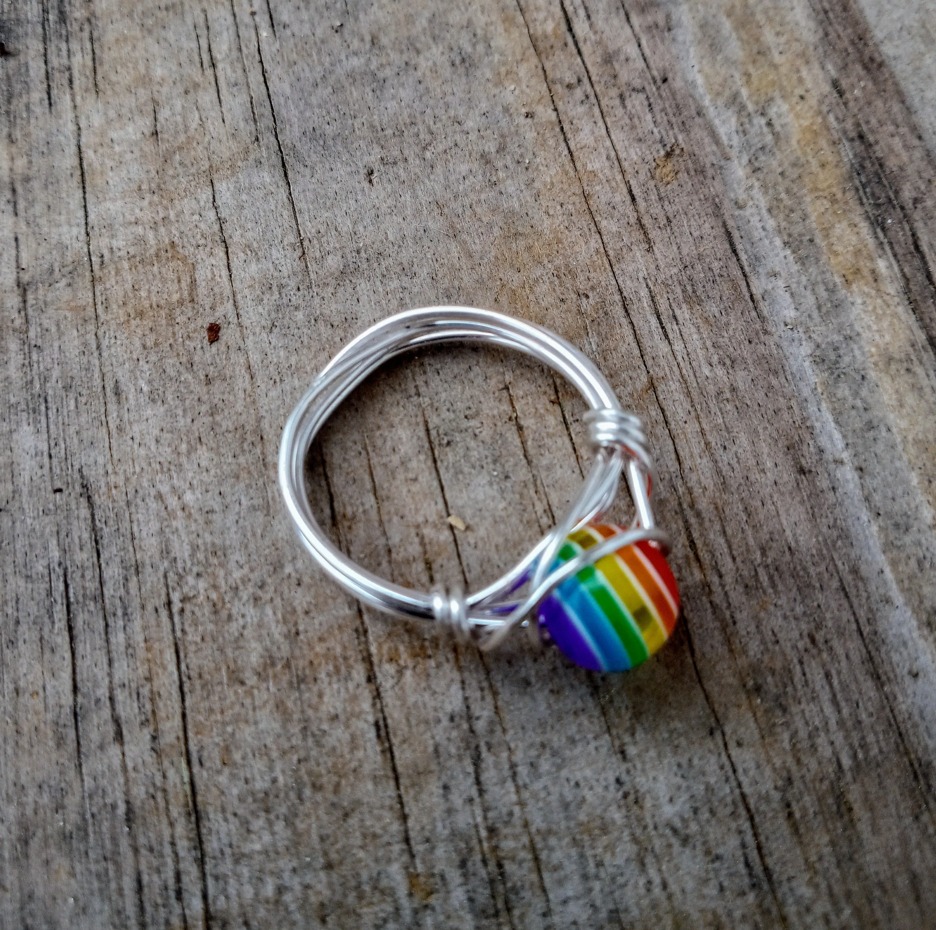 Rainbow Round Bead Wire Wrapped Rings