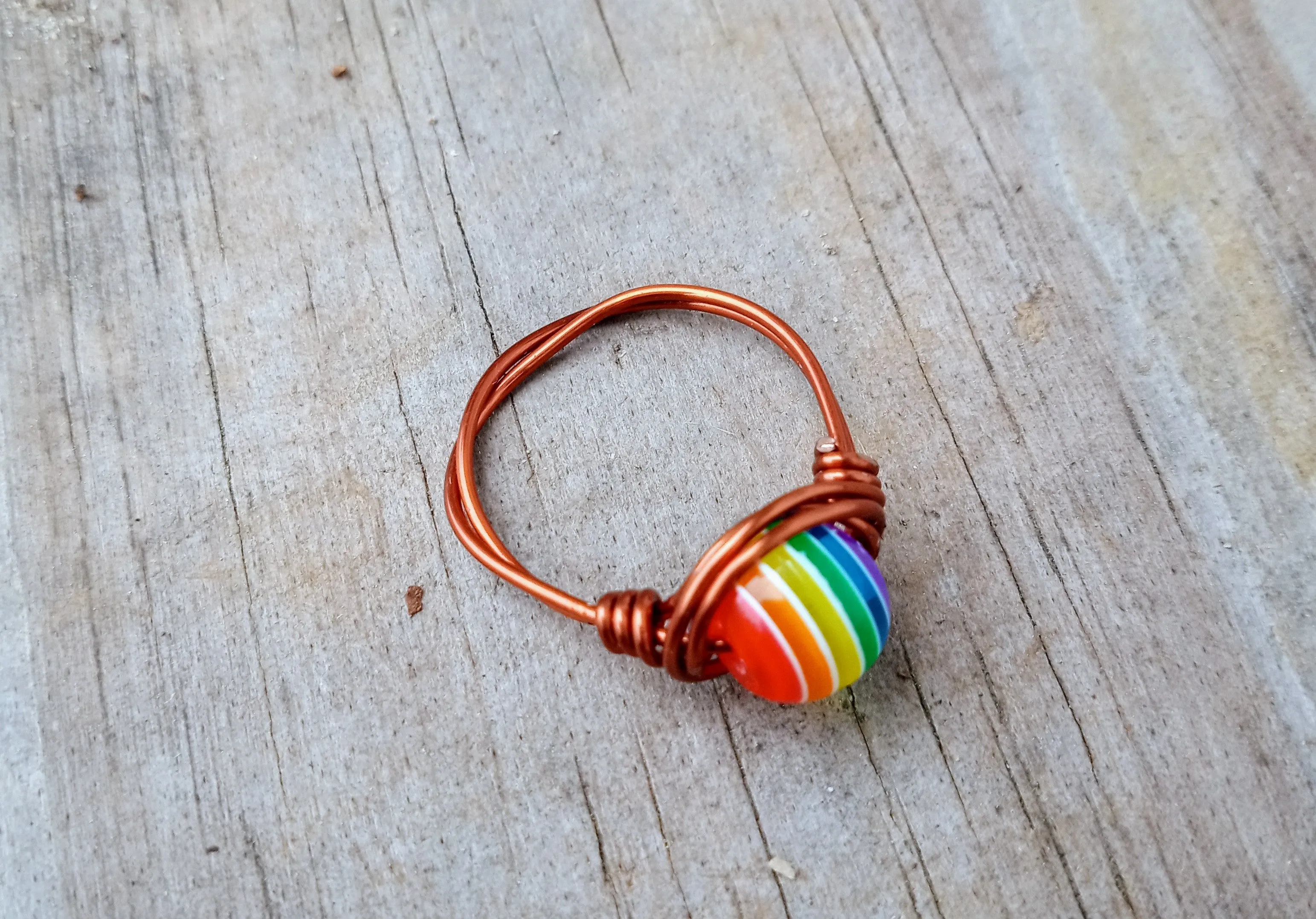 Rainbow Round Bead Wire Wrapped Rings